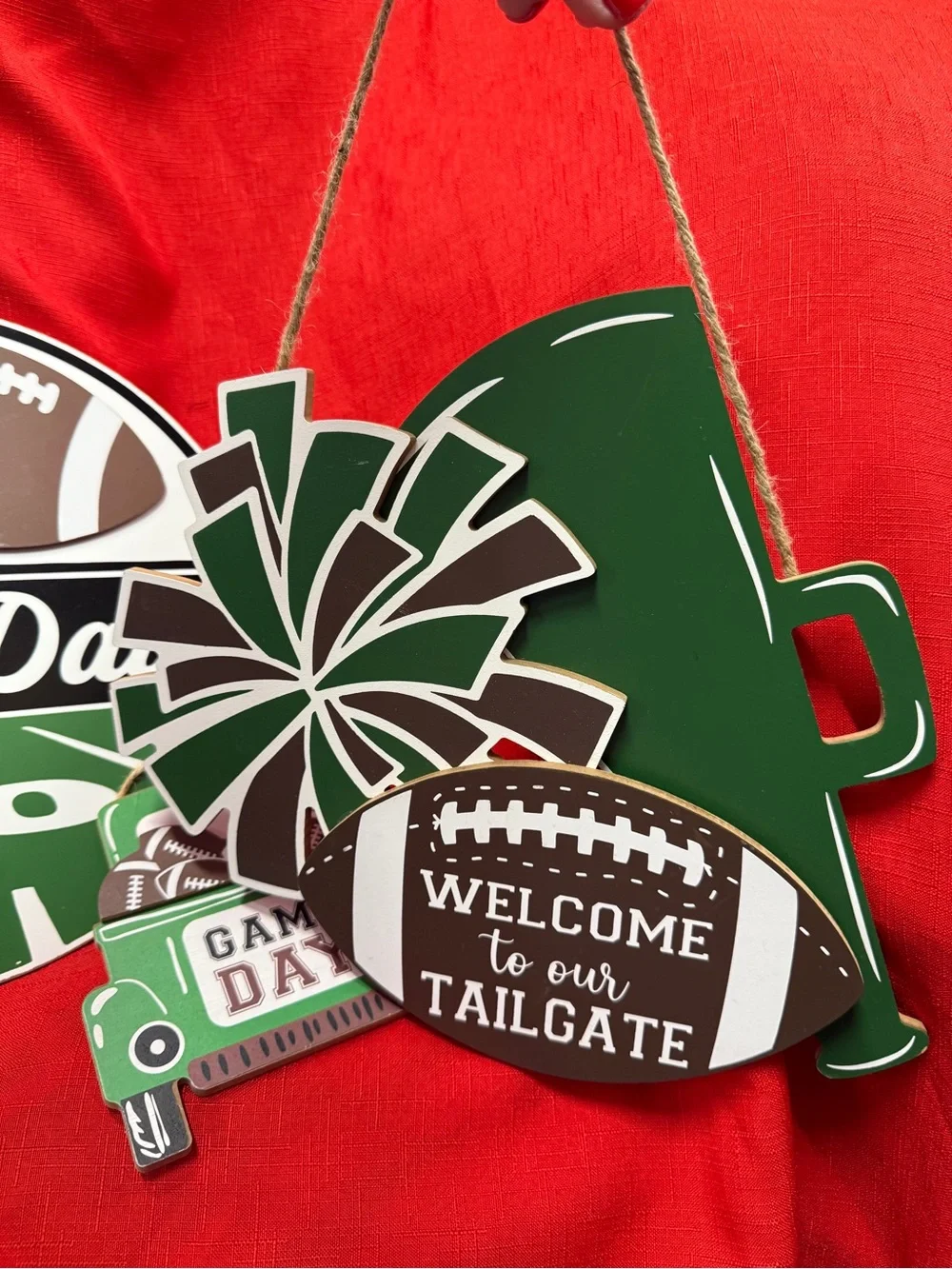 Hobby Lobby Green and Brown Game Day Football Door Hanger Set Welcome Tailgate